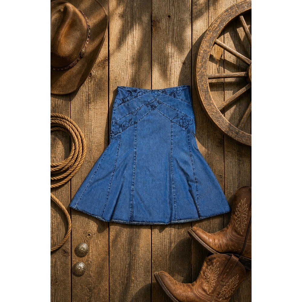 Y2K Western Cottagecore Denim Midi Skirt Floral Embroidery A-Line Size 12